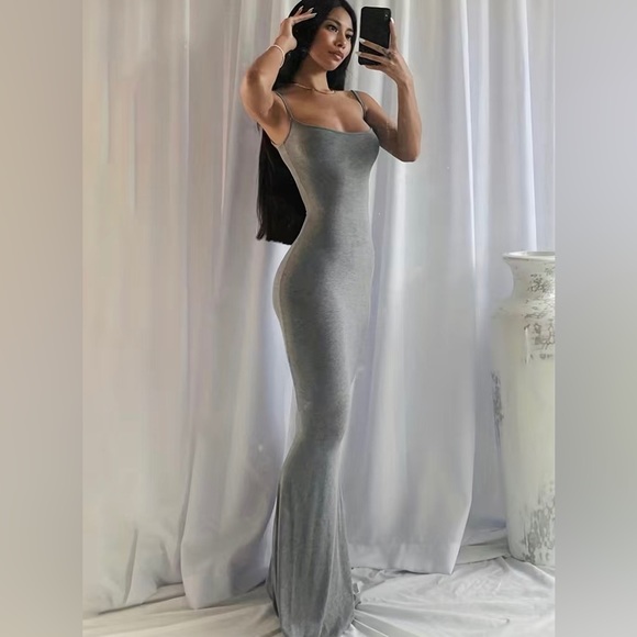 Heather Gray Goddess Bodycon Maxi Spaghetti Strap Dress - Picture 2 of 7